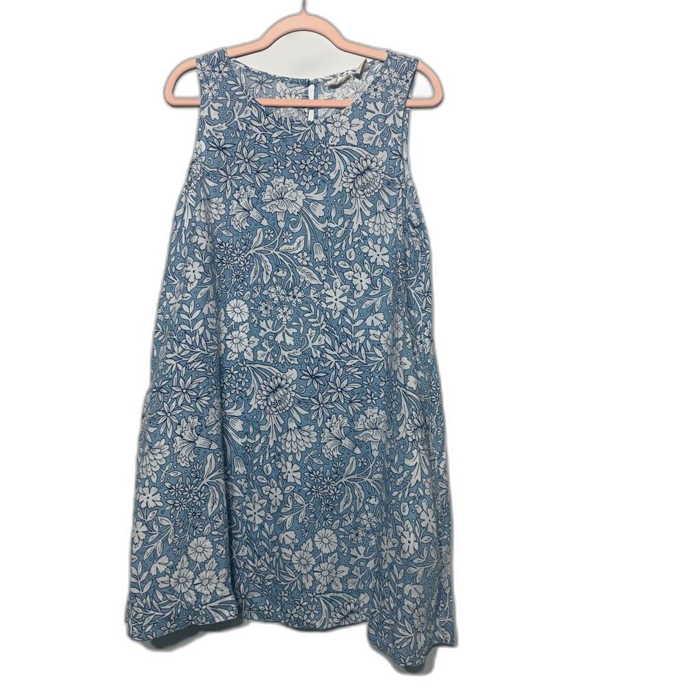 Rachel Ashwell Linen Dress Womens M Blue White Floral Shift Shabby Chic Boho
